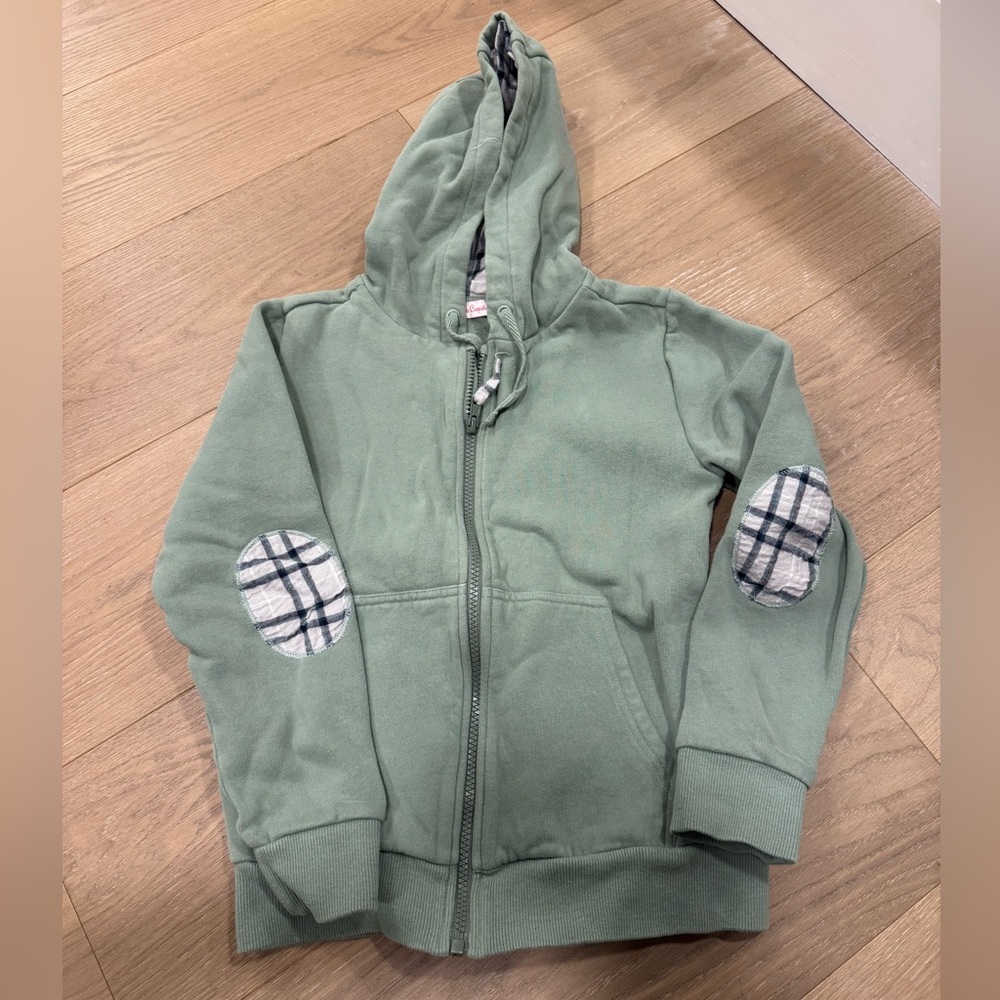 Excellent condition LaCoqueta safe green hoodie with plaid patch arms - Sz 10